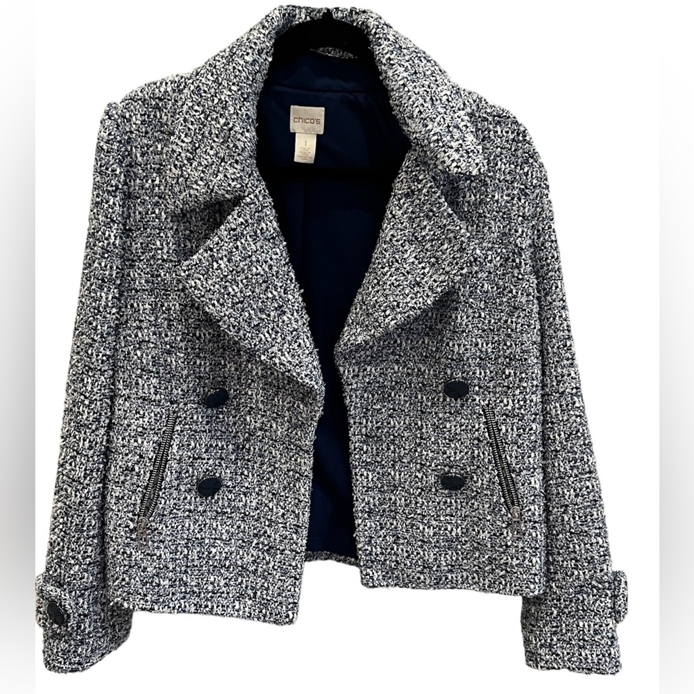 Chico’s Blue Textured Open Front Jacket